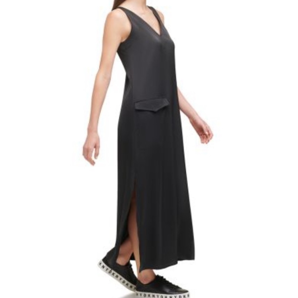 NWT DKNY Black V Neck Maxi Dress with Cargo Pocket Size XXS - Picture 3 of 14